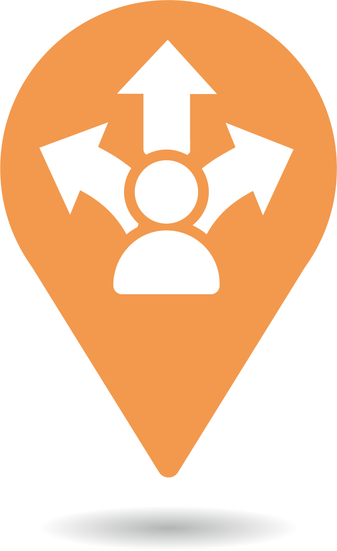 Orange location pin icon with a person and upward arrows, symbolizing choices or directions.
