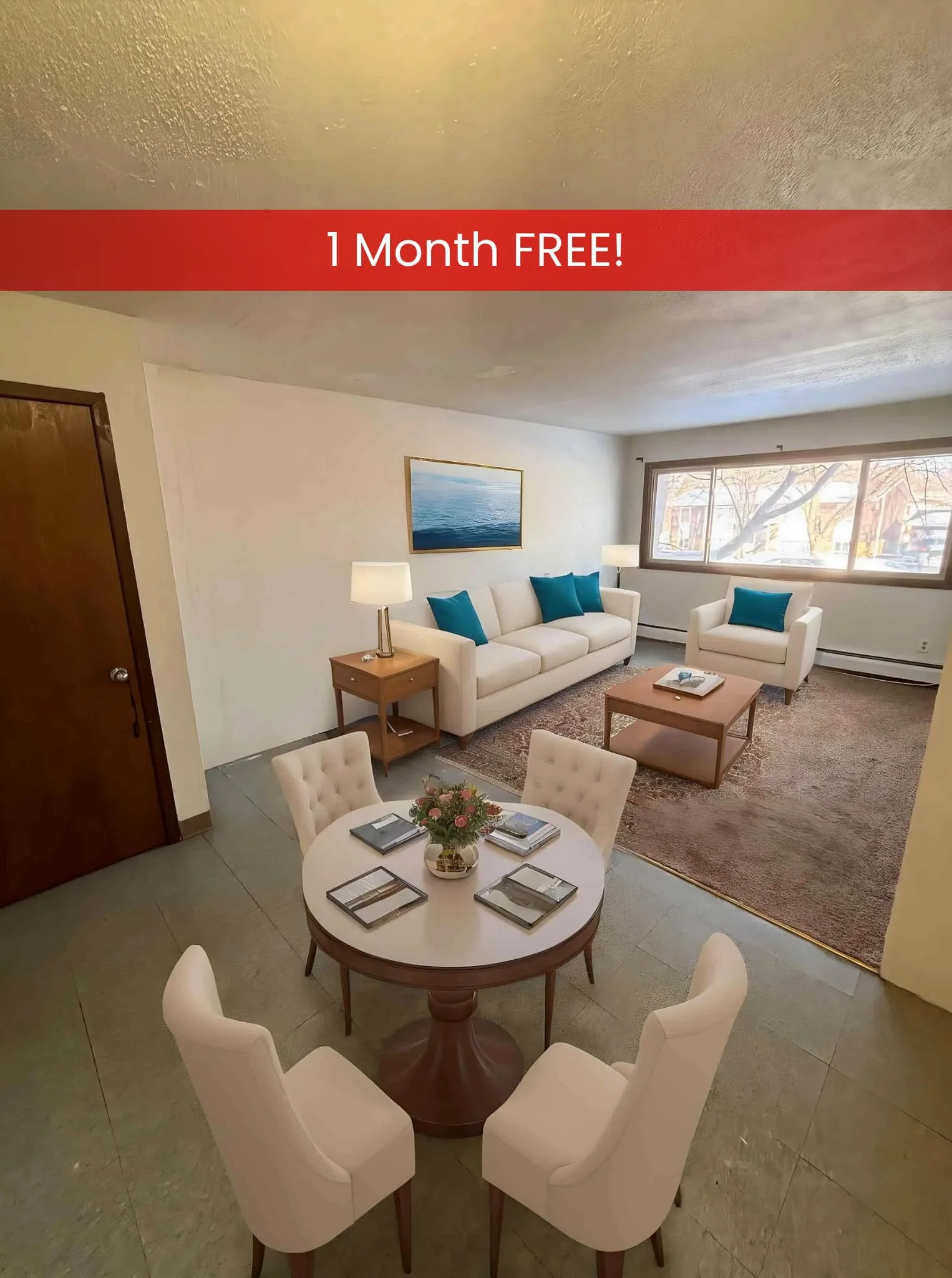Cozy living room in apartments in Rochester with a beige sofa, blue cushions, coffee table, and round dining table for four.