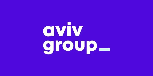 Blue background with white text saying 'aviv group' and a small blue underscore.