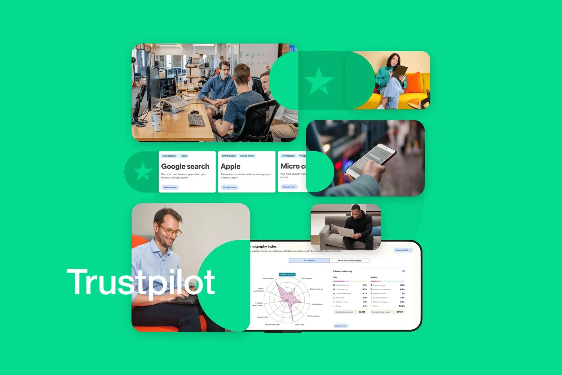 Collection of images showing people working, using devices, charts, and a website interface on a green background.