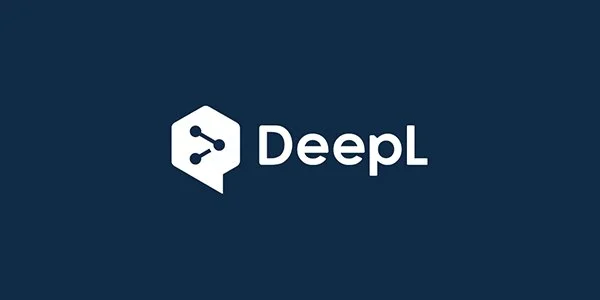 DeepL logo with a hexagonal icon containing connected dots and the word 'DeepL' in white on a dark blue background.