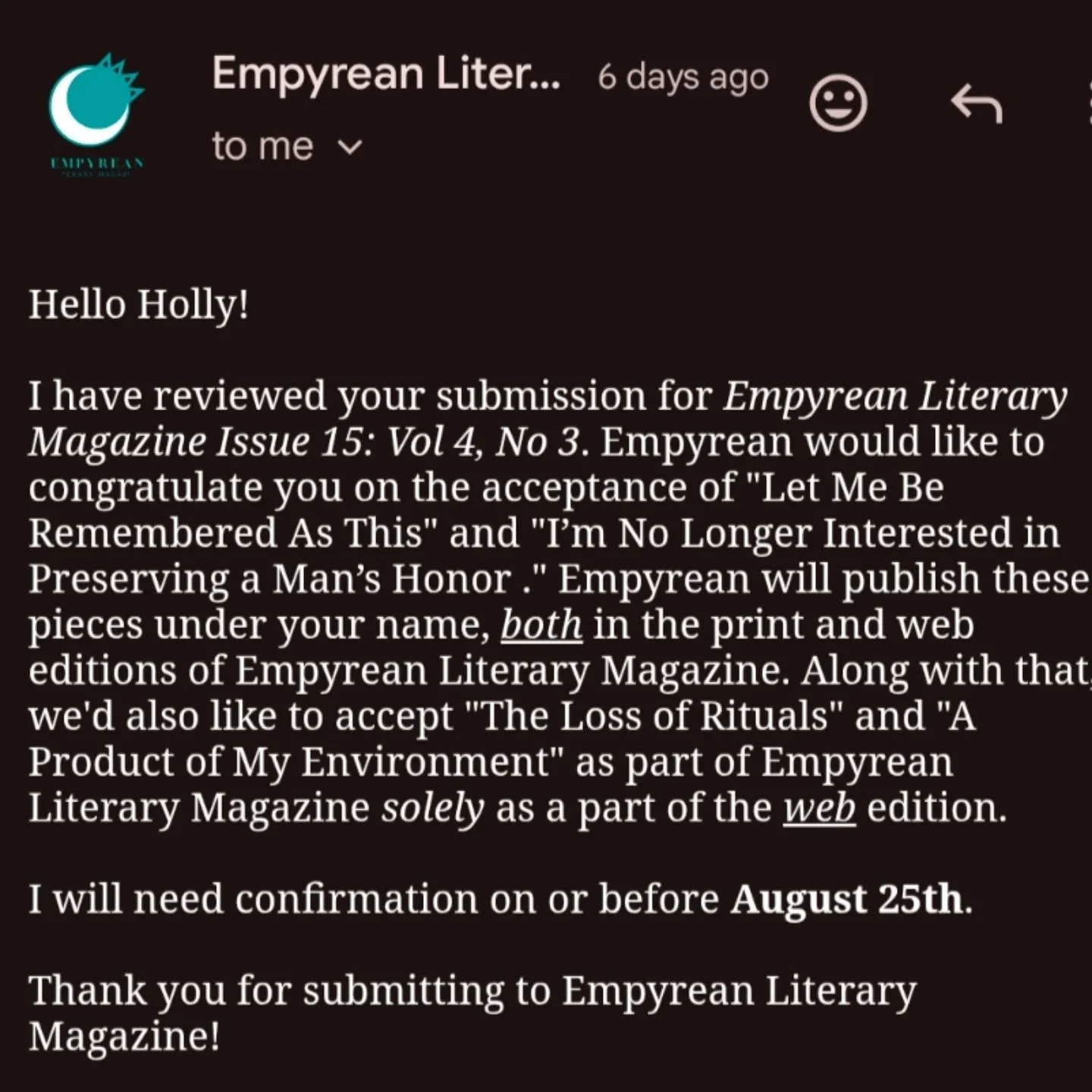 I'm thrilled to announce that my poetry will be published in Empyrean Literary Magazine's upcoming issue! Thank you so much Empyrean, it's an honor ❤️&zwj;🔥
.
.
.
#poet #poetry #poem #writing #writer