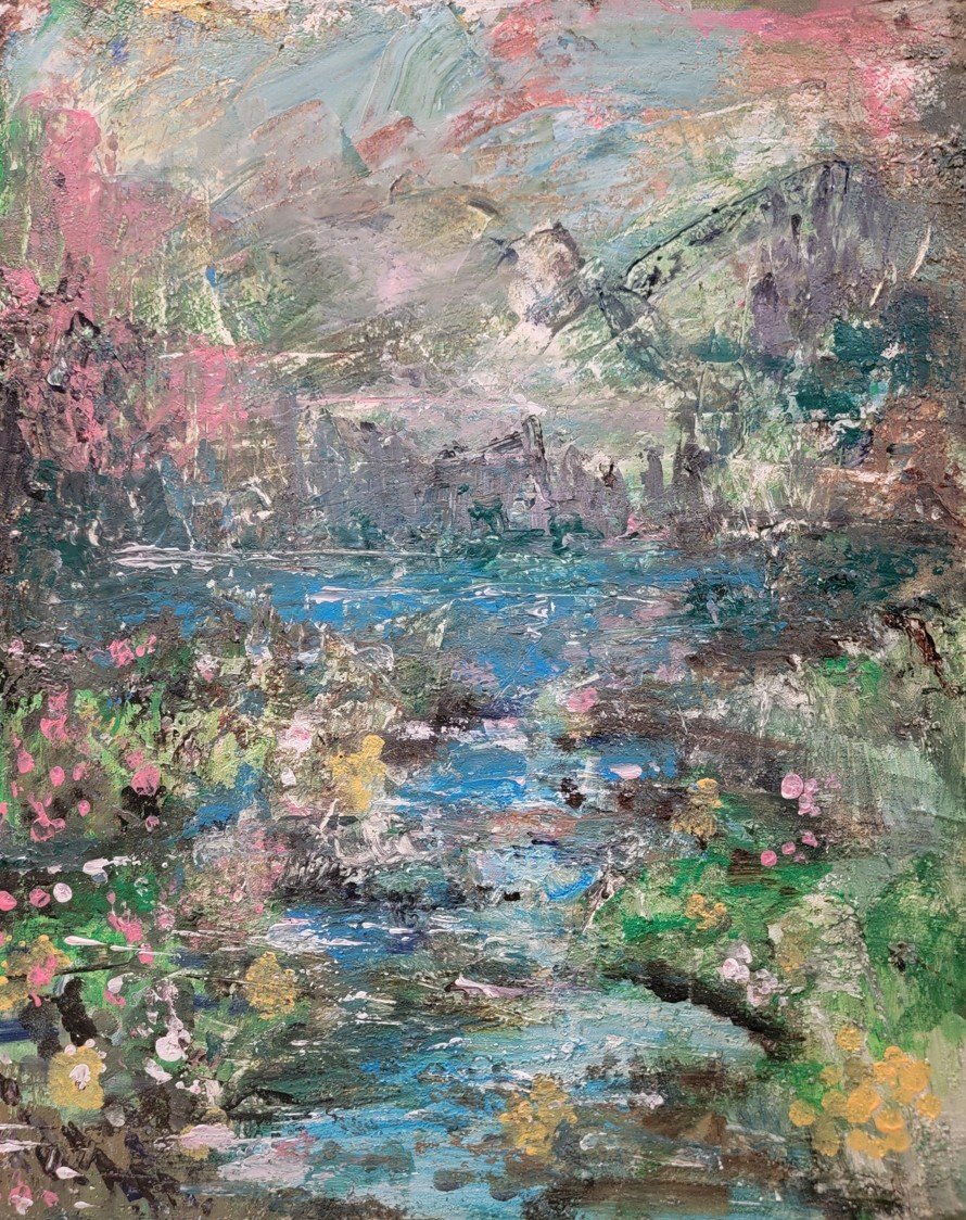 Abstract landscape painting with mountains, trees, a river, and flowers in soft pastel colors.