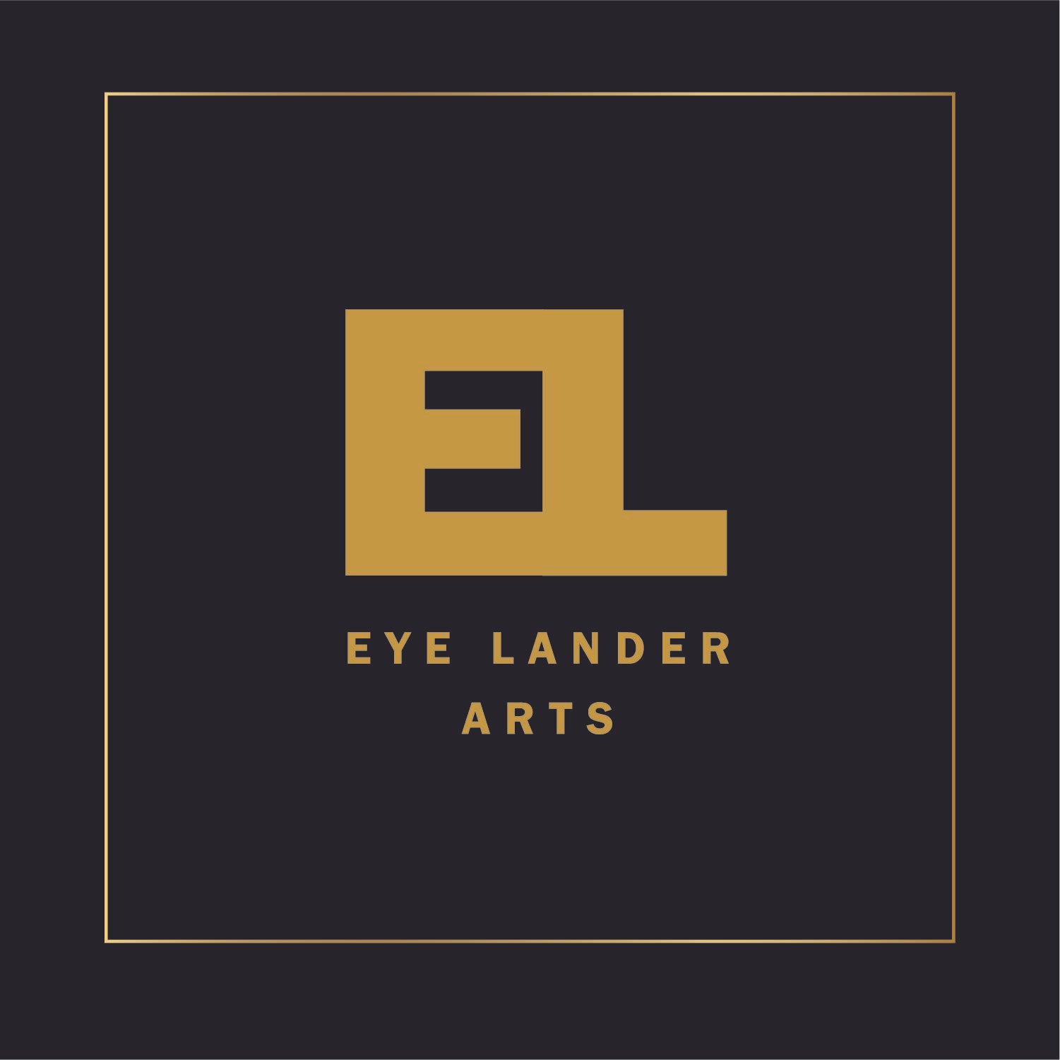 Logo with a stylized gold letter 'E' and text 'EYE LANDER ARTS' below it on a black background, framed with a thin gold border.