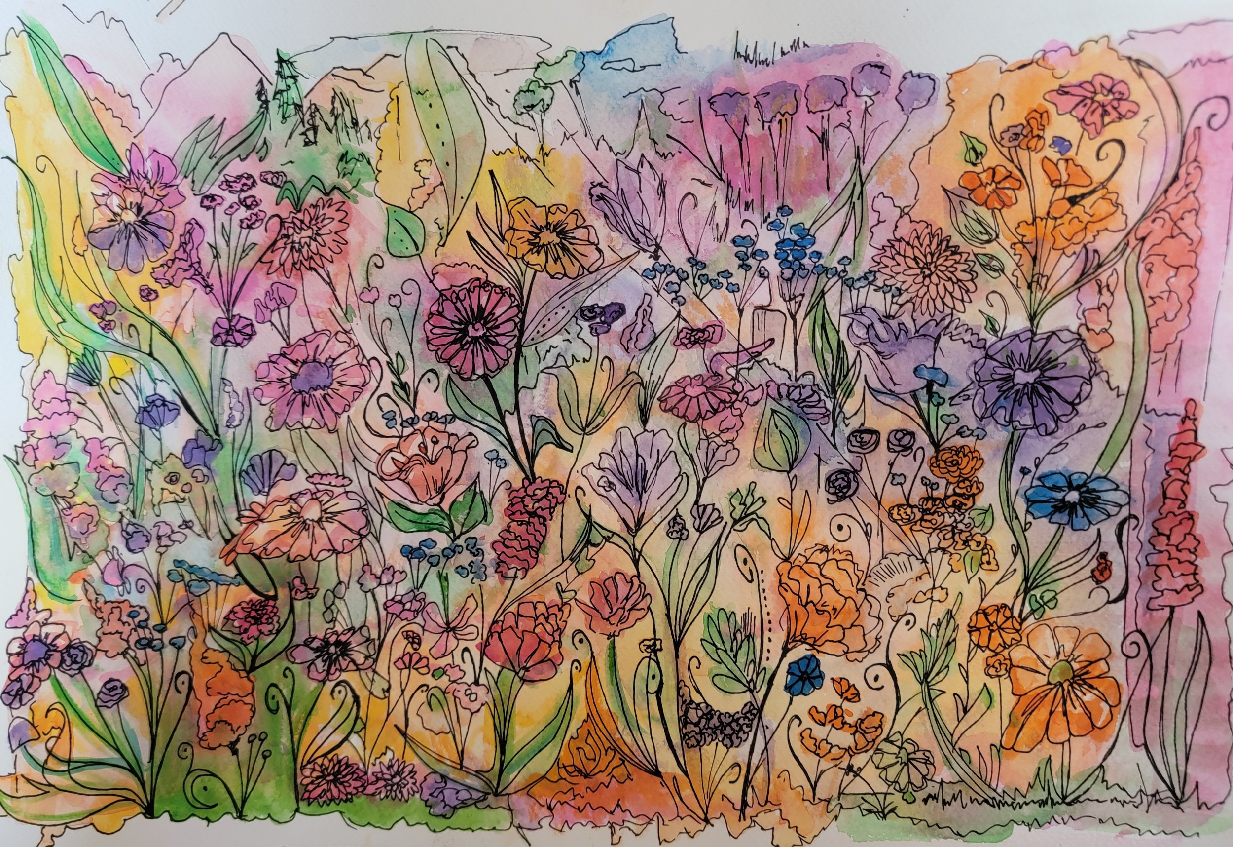 Watercolor and ink drawing of a colorful wildflower garden with various flowers and greenery, with mountains in the background.