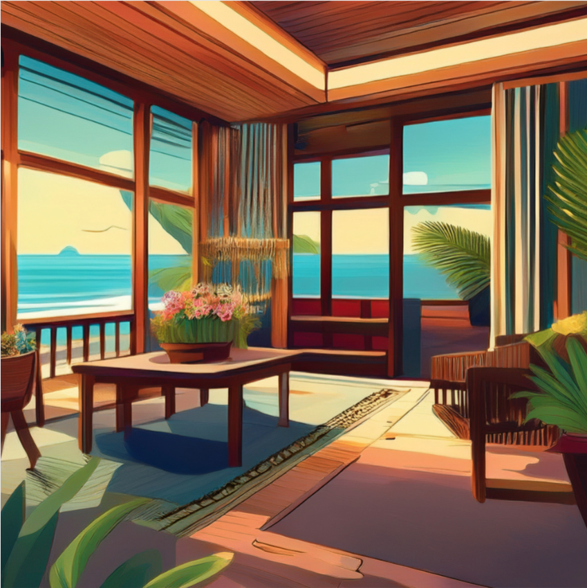 Modern ocean-view room with large windows, wooden furniture, potted plants, and a vibrant sunset in the background.