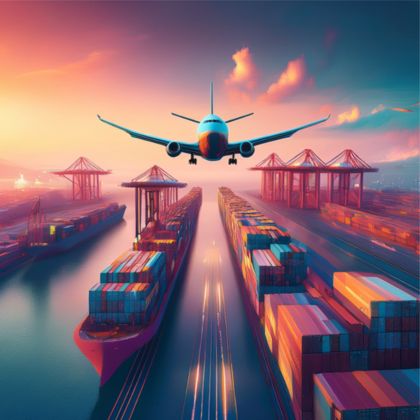 Cargo ships and shipping containers at a port with a plane flying overhead at sunset.