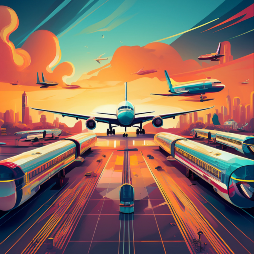 Illustration of a futuristic cityscape with airplanes flying and landing, surrounded by high-speed trains, buildings, and vibrant sunset sky.