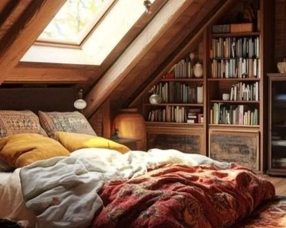Cozy attic bedroom with a skylight, bed with colorful pillows and blankets, wooden bookshelves filled with books, and warm lighting.