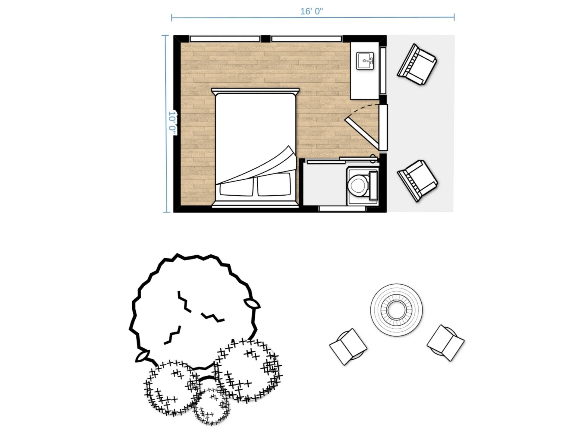 Floor plan of a small room with bed, bathroom, and seating area.