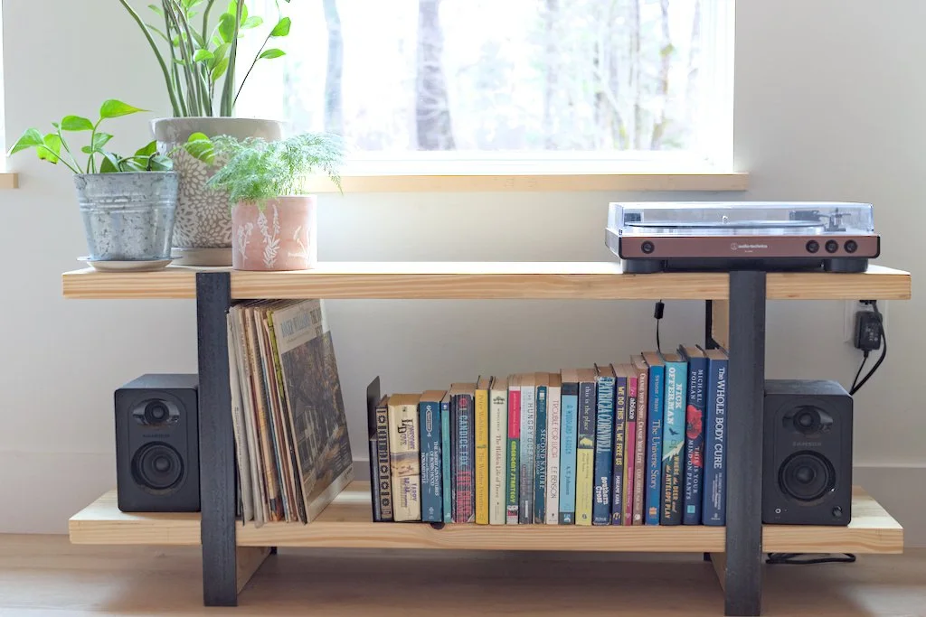 Wooden shelf with potted plants, vinyl records, books, speakers, and a turntable.