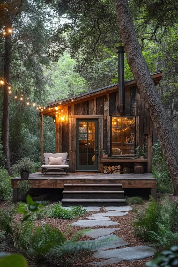 A quaint rustic cabin in the woods with a small porch, string lights, and surrounding trees. The cabin has wood siding, a chimney, and a cozy seating area with a cushion.