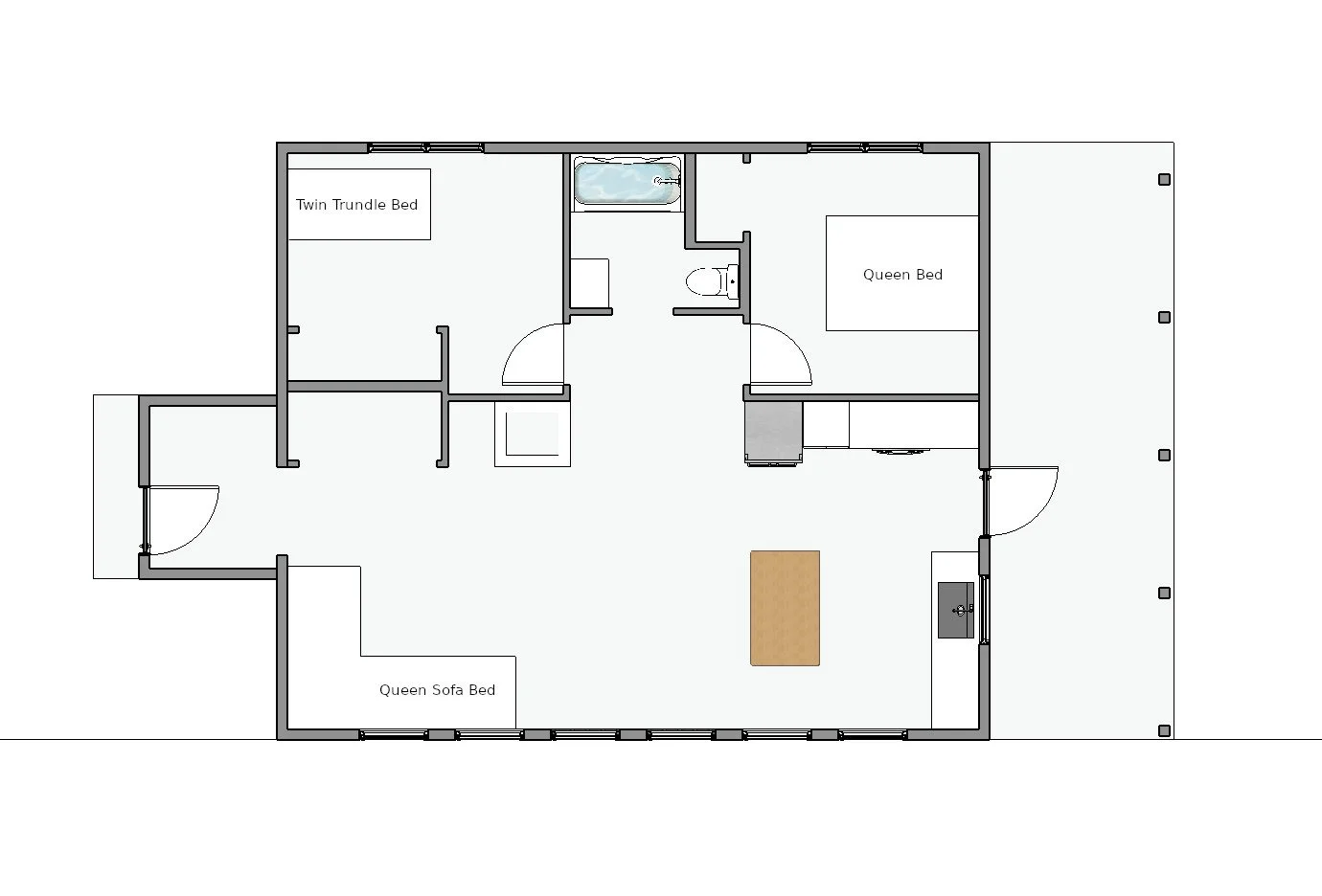 Floor plan with a twin trundle bed, queen bed, queen sofa bed, kitchen, bathroom, and dining area.
