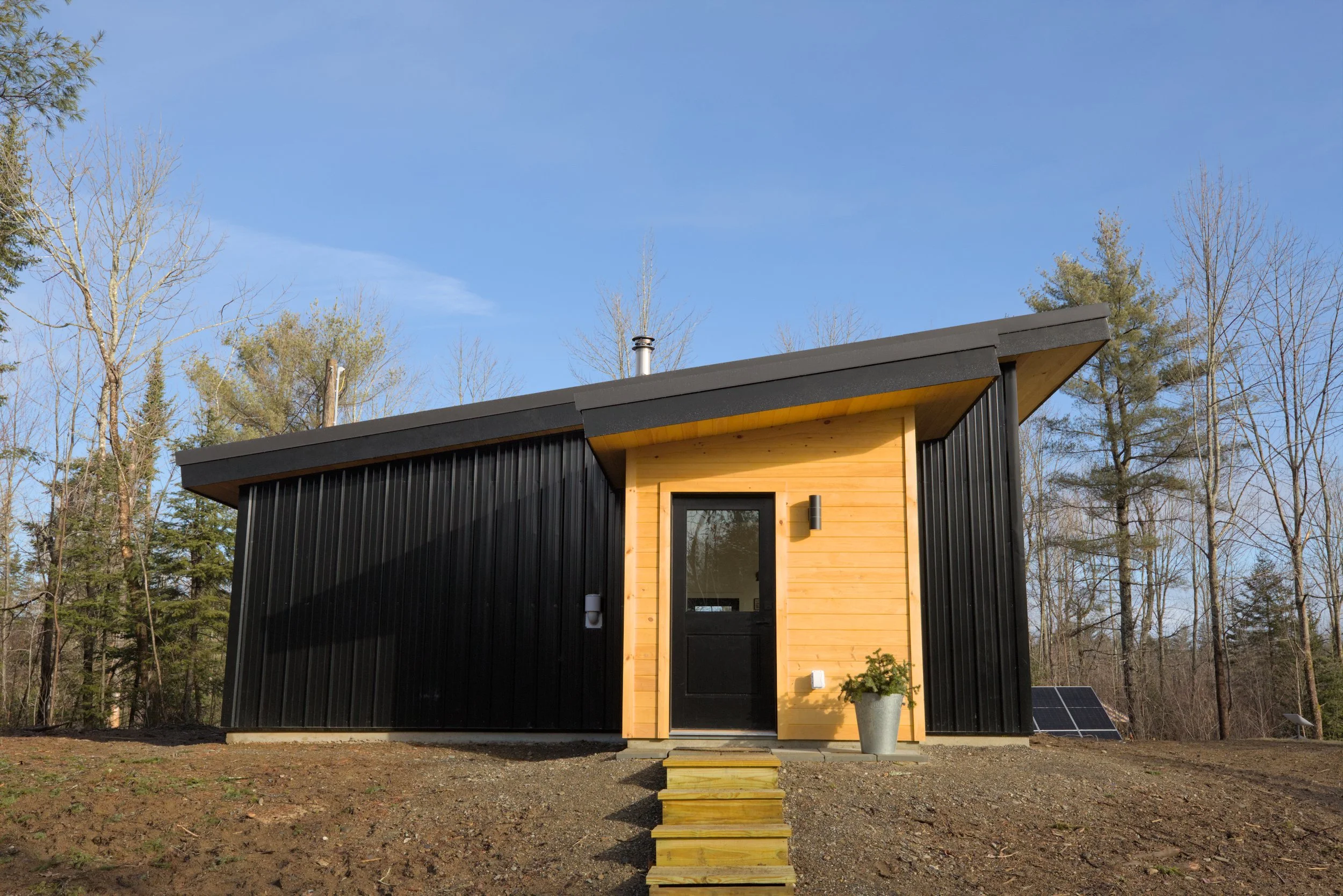 Modern tiny house with black metal siding and light wooden accents, set in a forested area under a clear blue sky. A potted plant and wooden steps lead to the entrance.
