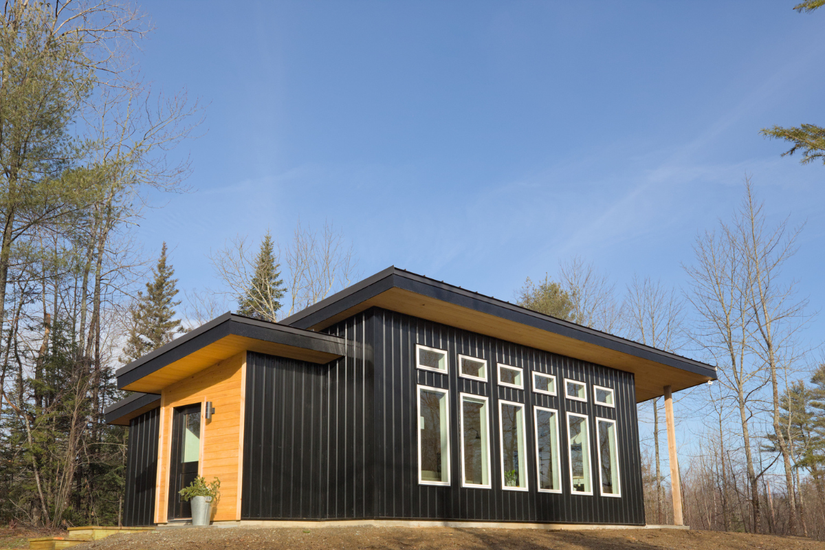 Modern tiny house with black metal siding and light wooden accents, set in a forested area under a clear blue sky. A potted plant and wooden steps lead to the entrance.