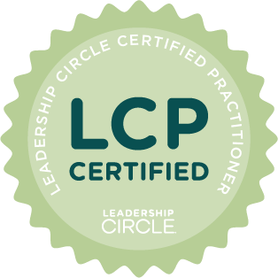 Leadership Circle Official badge - LCP Certified Practitioner. Green Badge with navy letters.