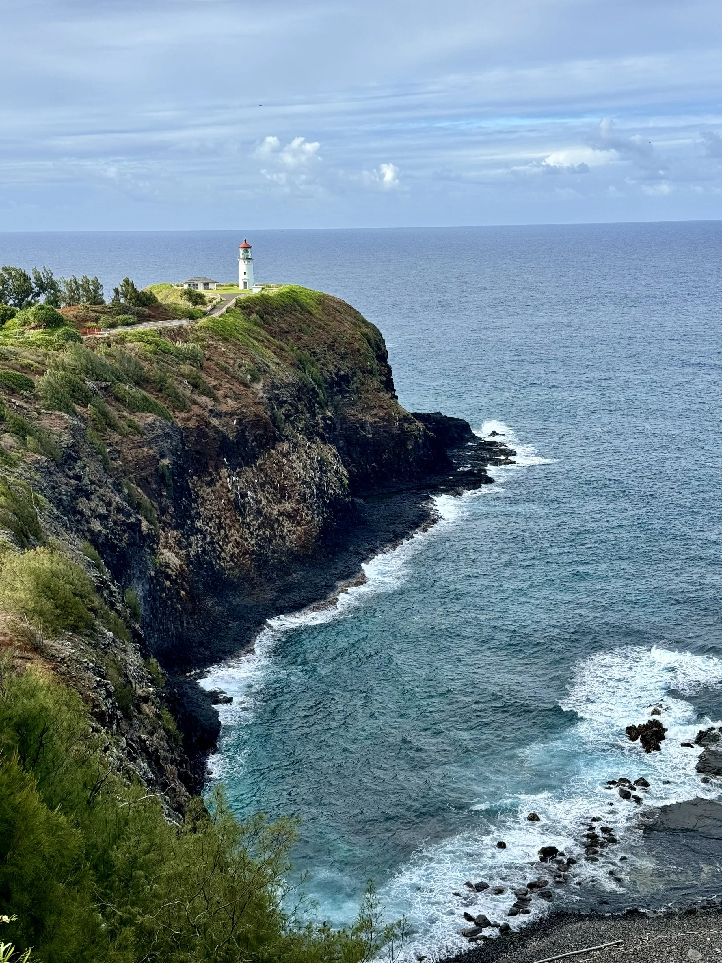 Scenic view of a lighthouse on a grassy cliff overlooking the ocean, surrounded by rocky shoreline and waves.