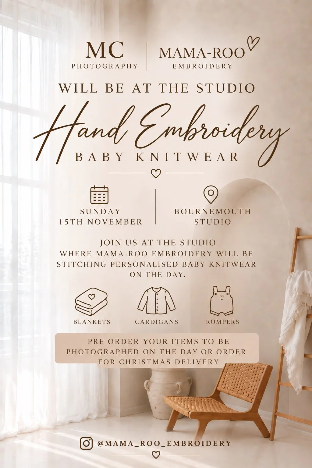 Poster advertising a hand embroidery baby knitwear event by Mama-Roo Embroidery at Bournemouth Studio on Sunday, November 15th, featuring icons of blankets, cardigans, and rompers, with a note about pre-ordering items for Christmas delivery.