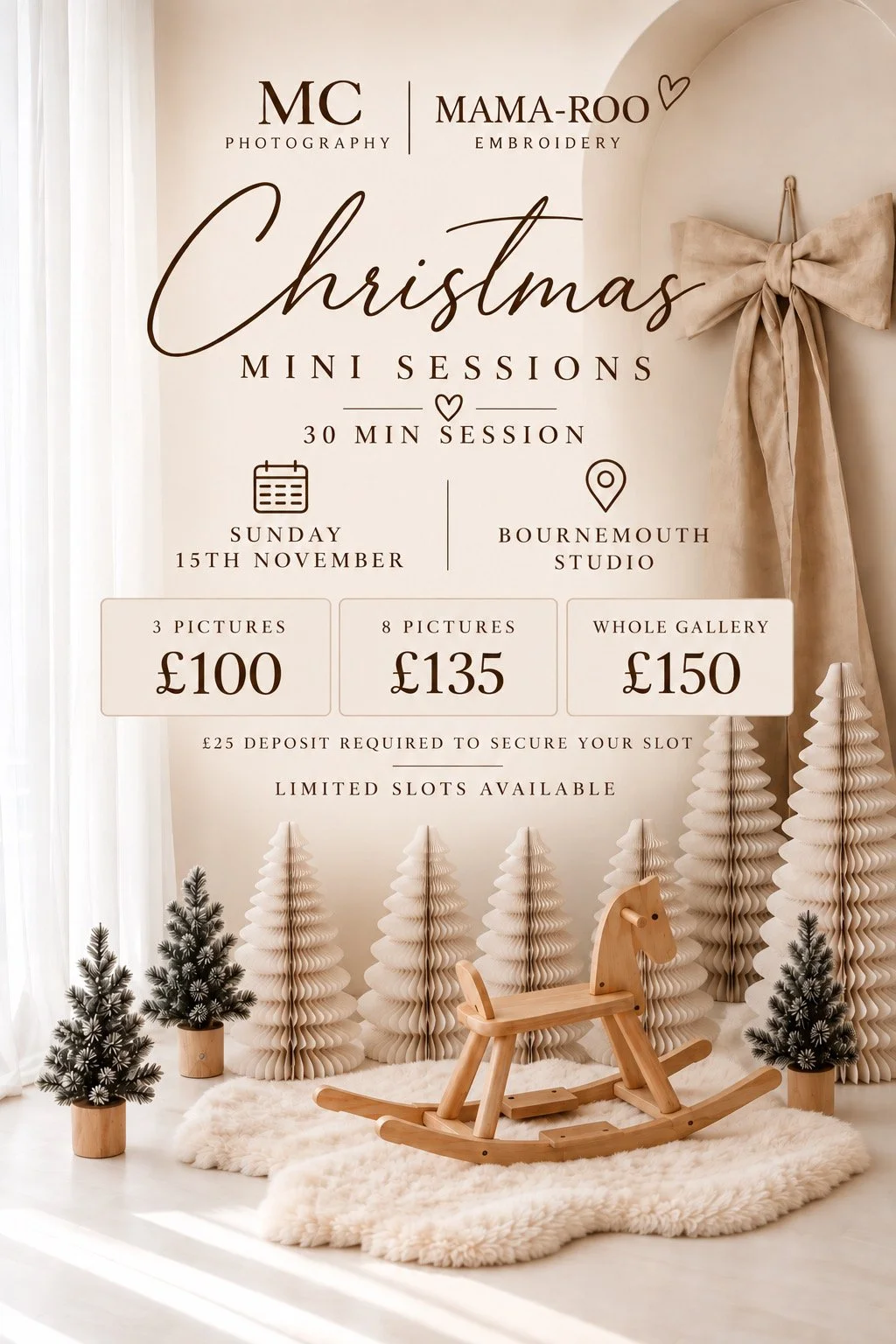 Christmas mini photography session advertisement featuring elegant text, pine trees, a wooden rocking horse, plush rug, and decorative elements.