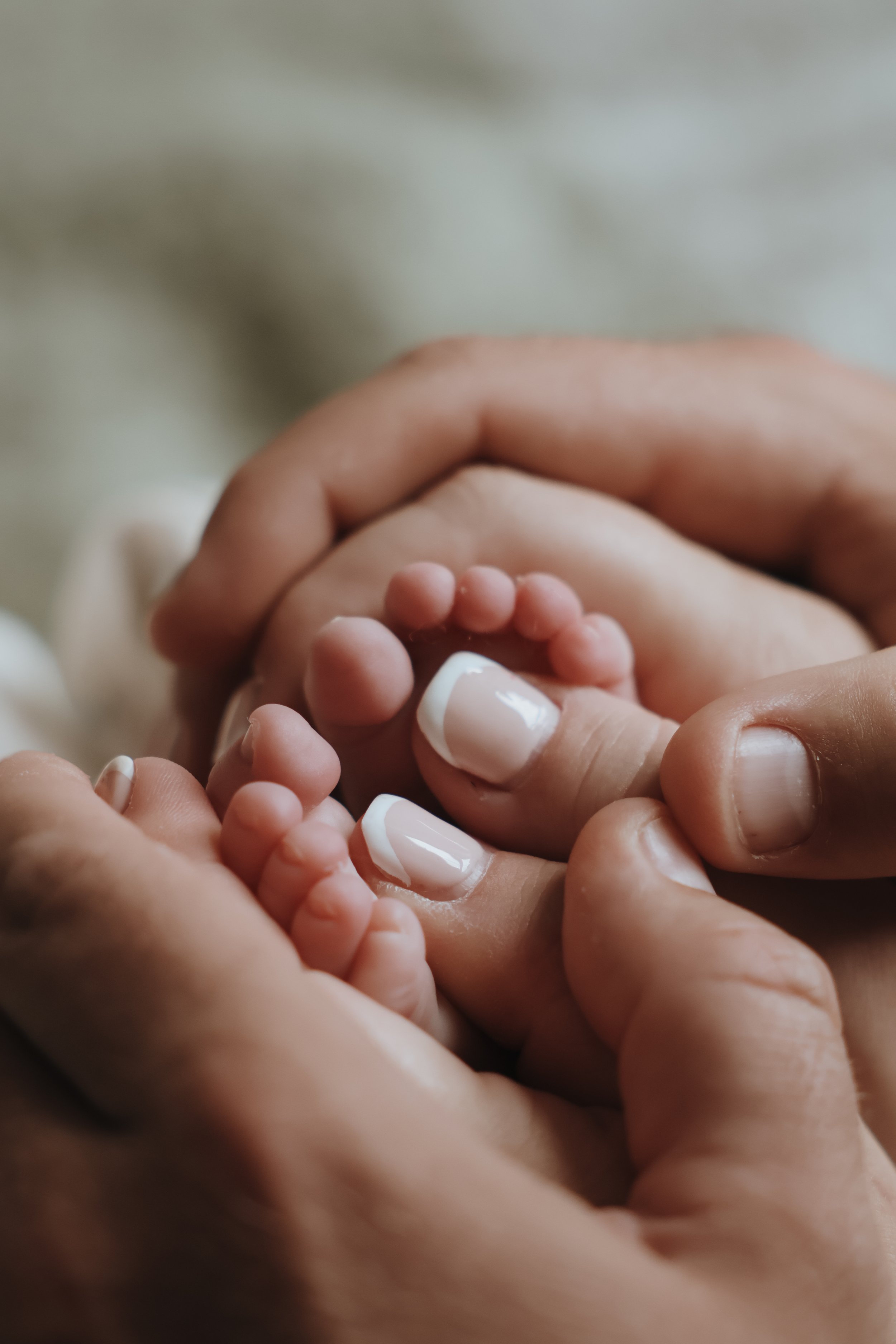 Close-up of an adult hand holding a small baby's hand, with the baby's tiny fingers grasping the adult's finger.