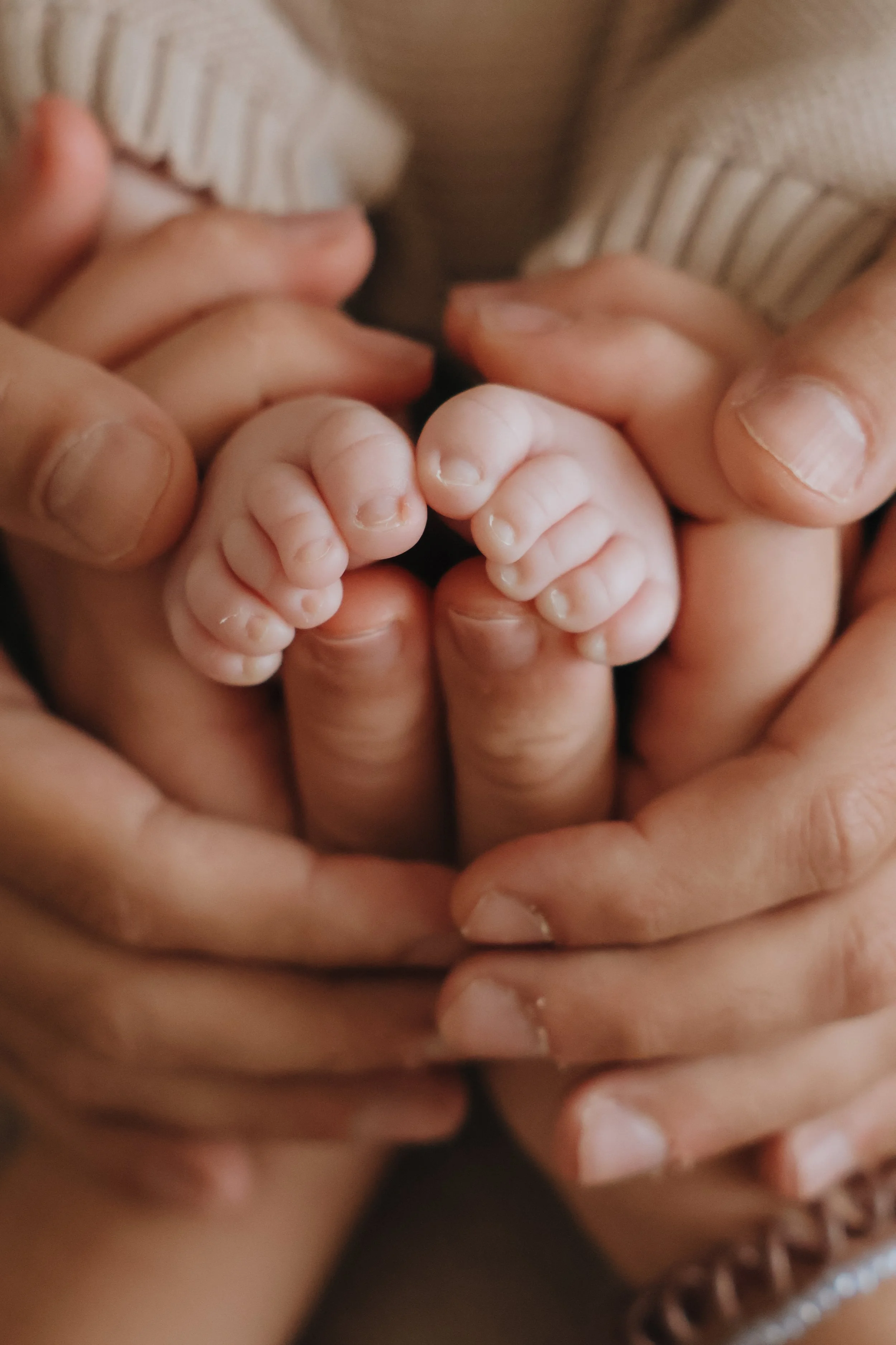 Close-up of a baby's tiny feet being held gently by multiple adult hands.