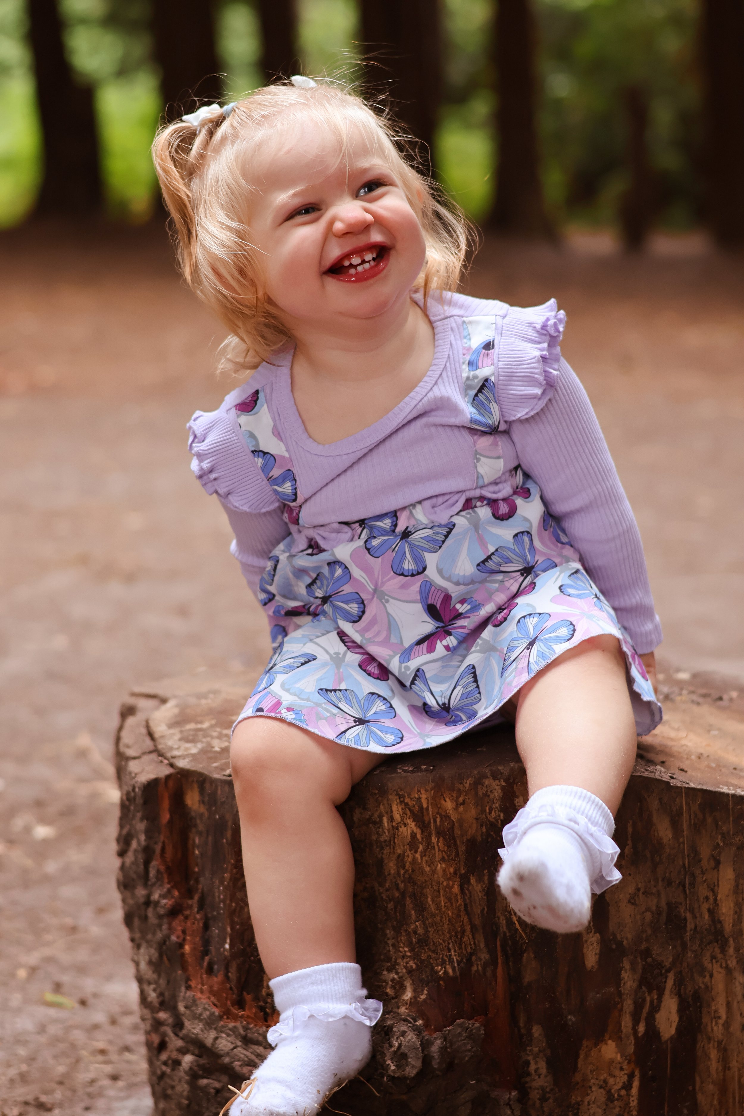 A smiling toddler girl sitting on a tree stump in a wooded area, wearing a purple dress with butterfly patterns and white socks.cake smash, first birthday photography, southampton 