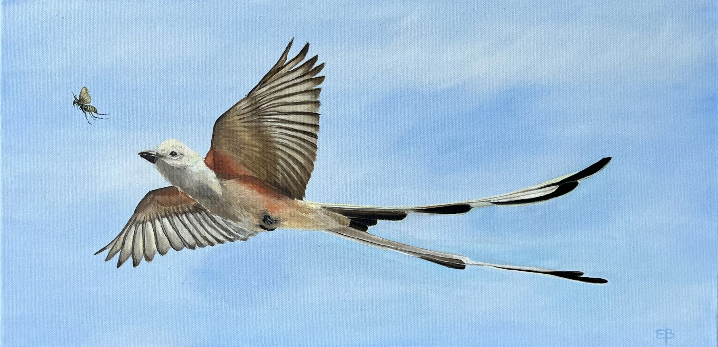 Painting of a bird in flight with a blue sky background, chasing a bee.