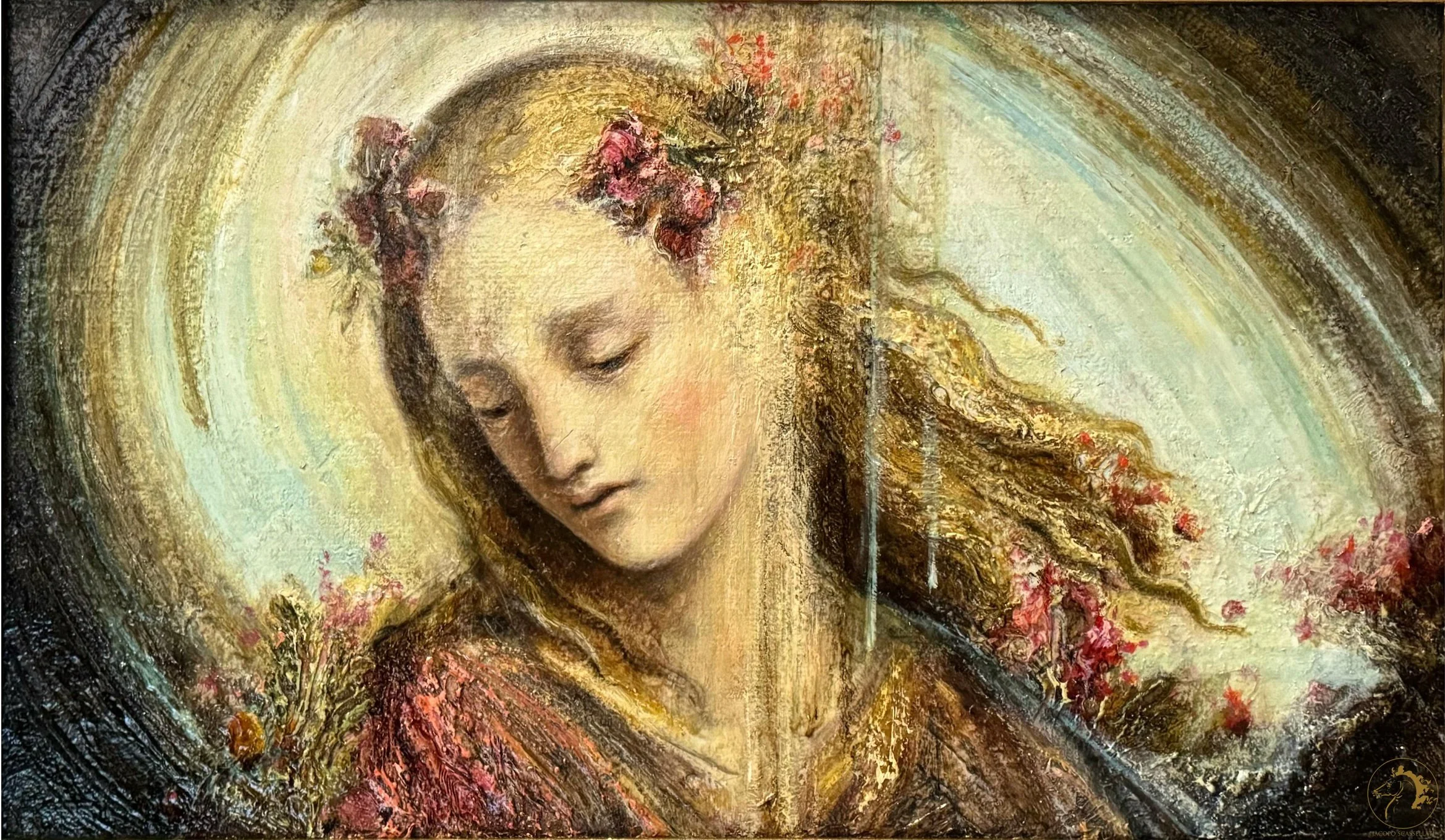 A close-up of a religious painting of a woman with closed eyes, long wavy hair, surrounded by a halo and floral elements.