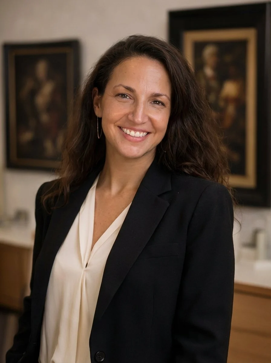 A woman with wavy, dark brown hair smiling in an indoor setting with framed artwork in the background. She is wearing a black blazer over a cream-colored blouse.