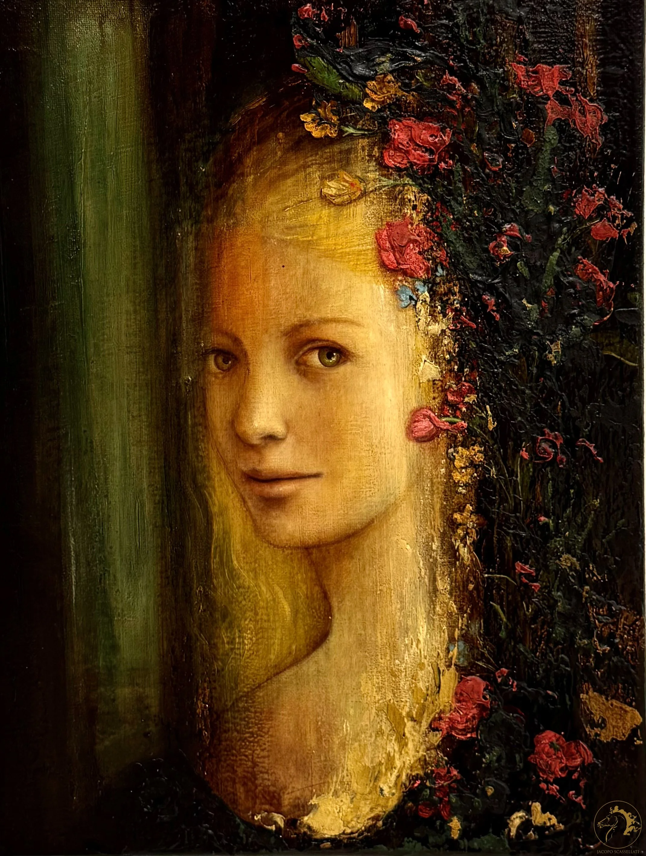 Close-up of a painting depicting a woman with fair skin, light eyes, and blonde hair, surrounded by dark and vibrant flowers.