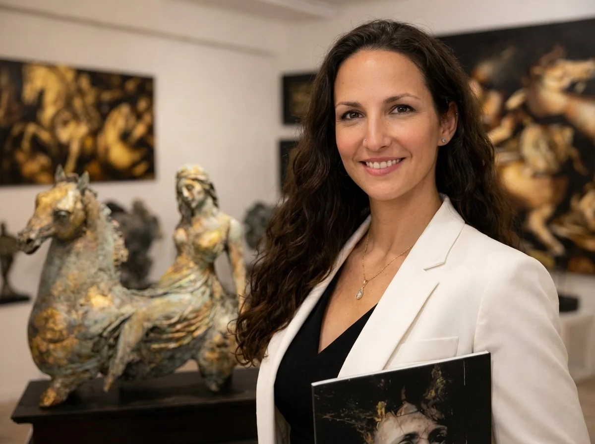 A woman with long curly hair wearing a white blazer and black top, smiling, standing in an art gallery with sculptures and paintings in the background.