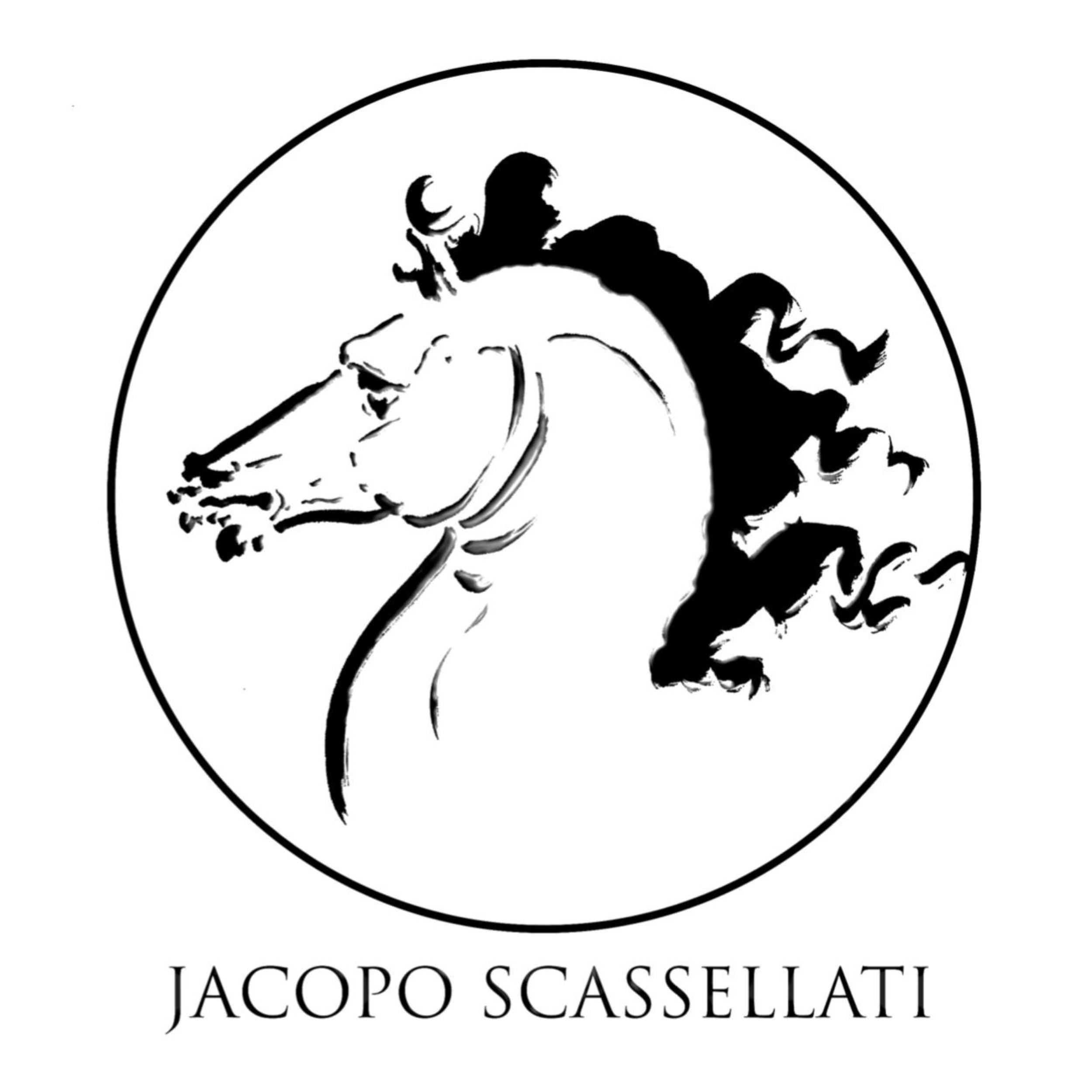 Black and white illustration of a horse's head inside a circle with the name "Jacopo Cassellati" written below.