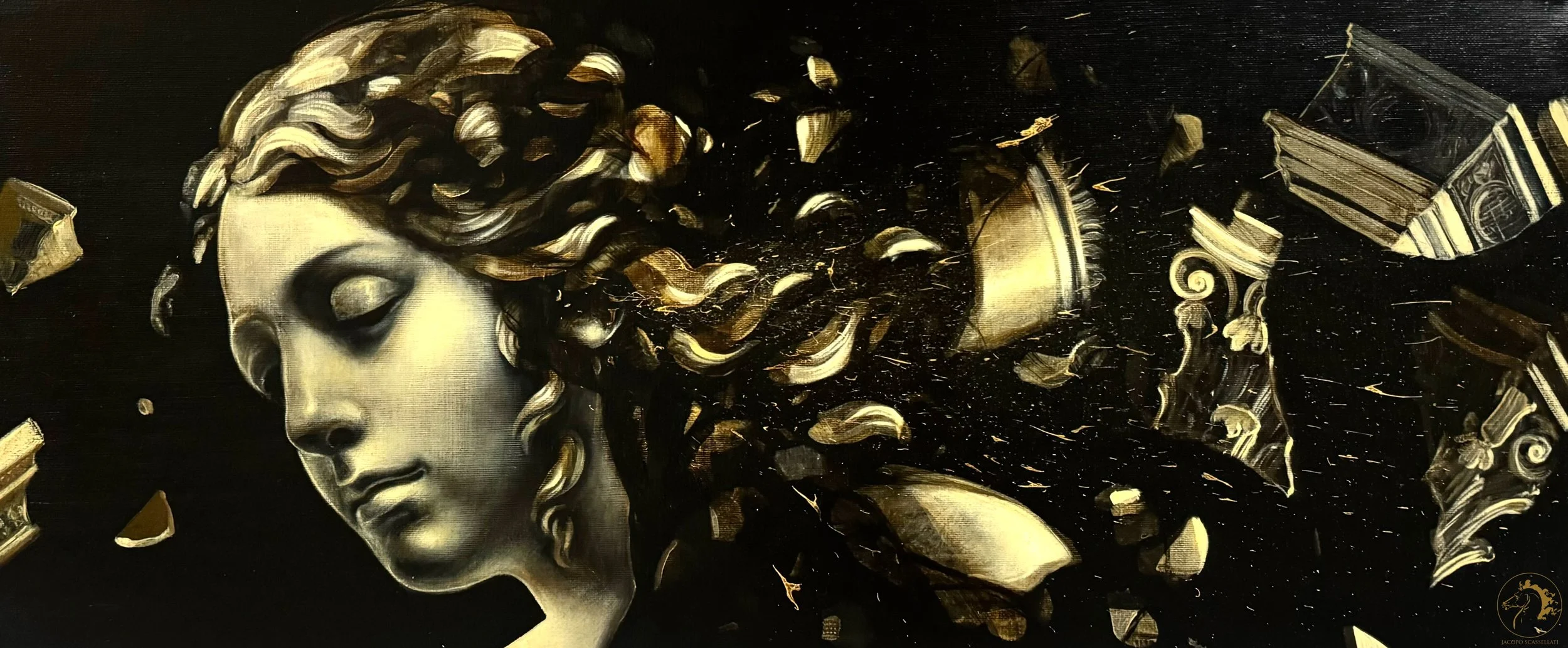 A black and gold artwork of a woman's face with her eyes closed and her hair turning into swirling, fragmented pieces and architectural elements in a dark background.