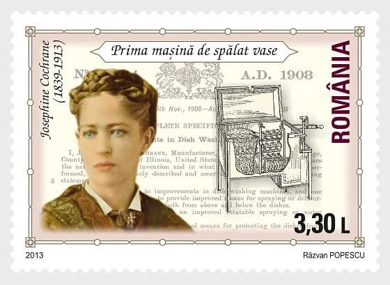A postage stamp featuring a young woman, a hand-washing machine, and Romanian text. The stamp commemorates the first dishwashing machine from 1908, with a capacity of 3.30 liters, issued in 2013 by Răzvan Popescu.