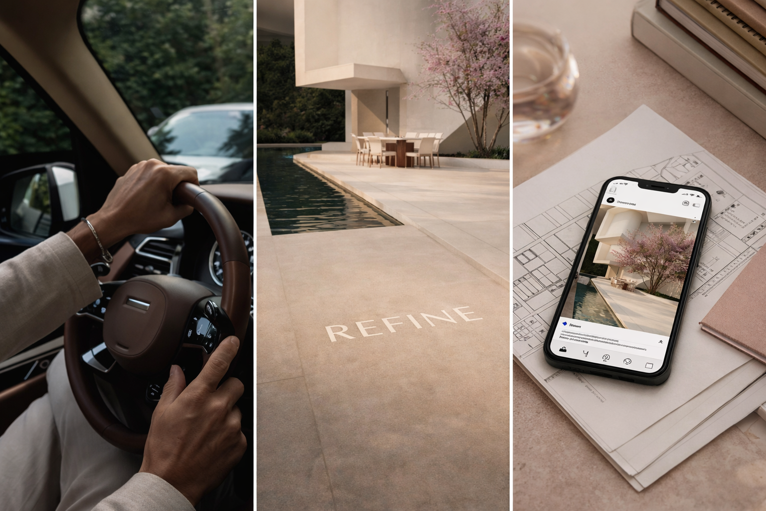Triptych of images showing a person driving a car, a modern outdoor space with a pool and pink flowering tree, and a smartphone displaying a photo of the outdoor space on a desk with architectural drawings and books.