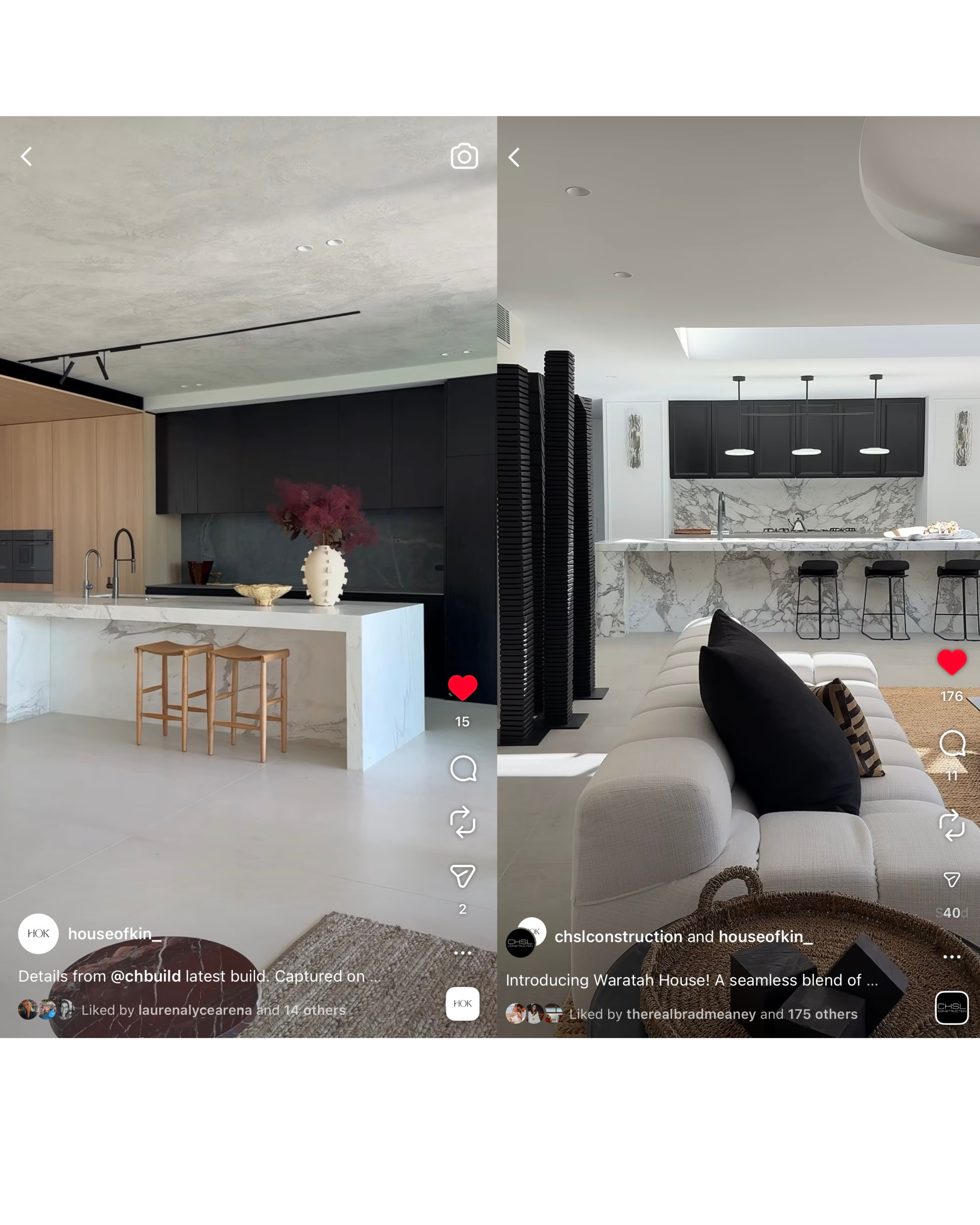 Comparison of two modern kitchens with minimalist design, featuring marble countertops, black cabinetry, and neutral color palettes.