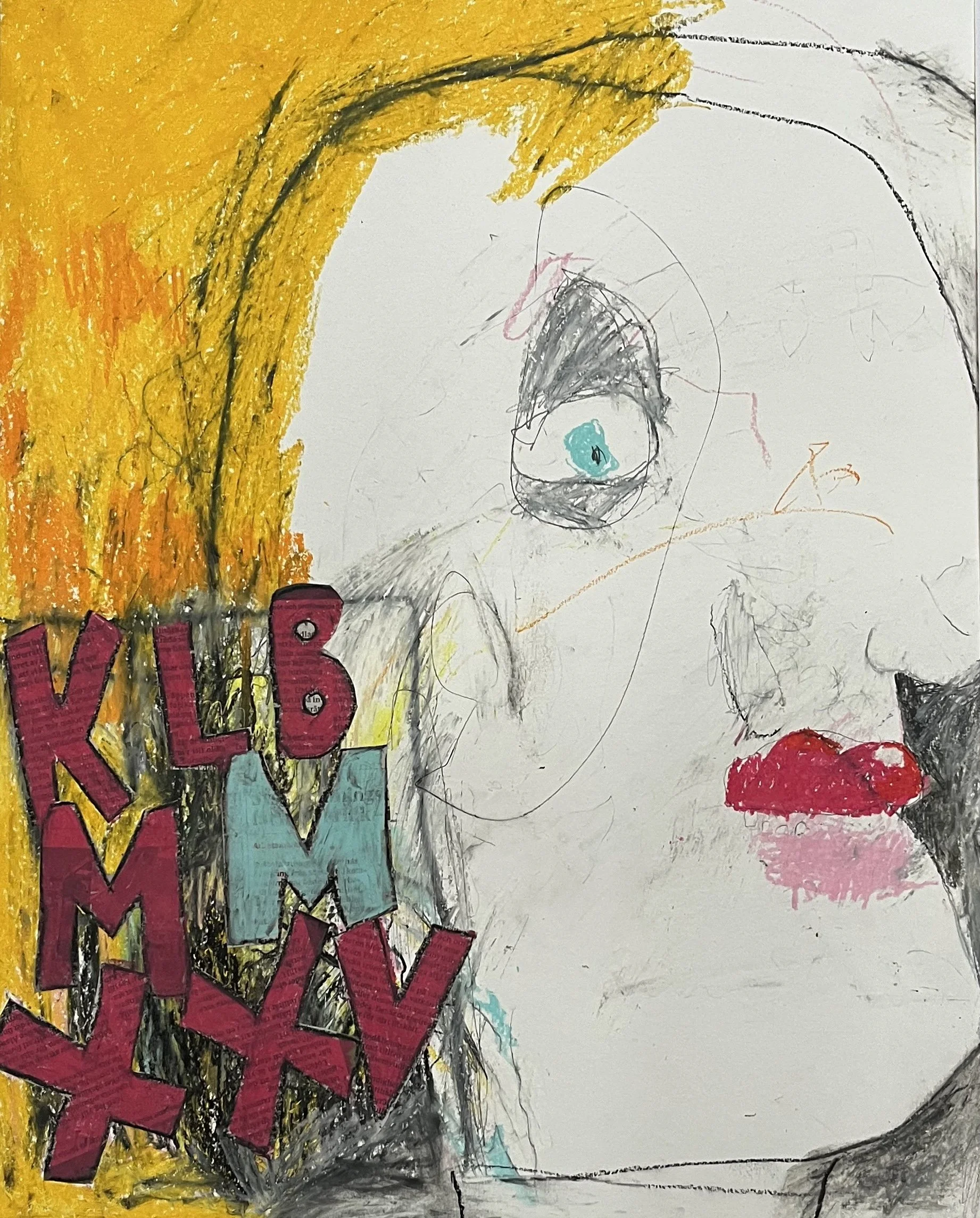 Piirros naisesta, jolla punaiset huulet, vaalea iho ja vaaleat hiukset. Vasemmassa alakulmassa on kirjaimista muodostettu teksti 'KLUB', jossa jokainen kirjain on eri väri ja fontti.