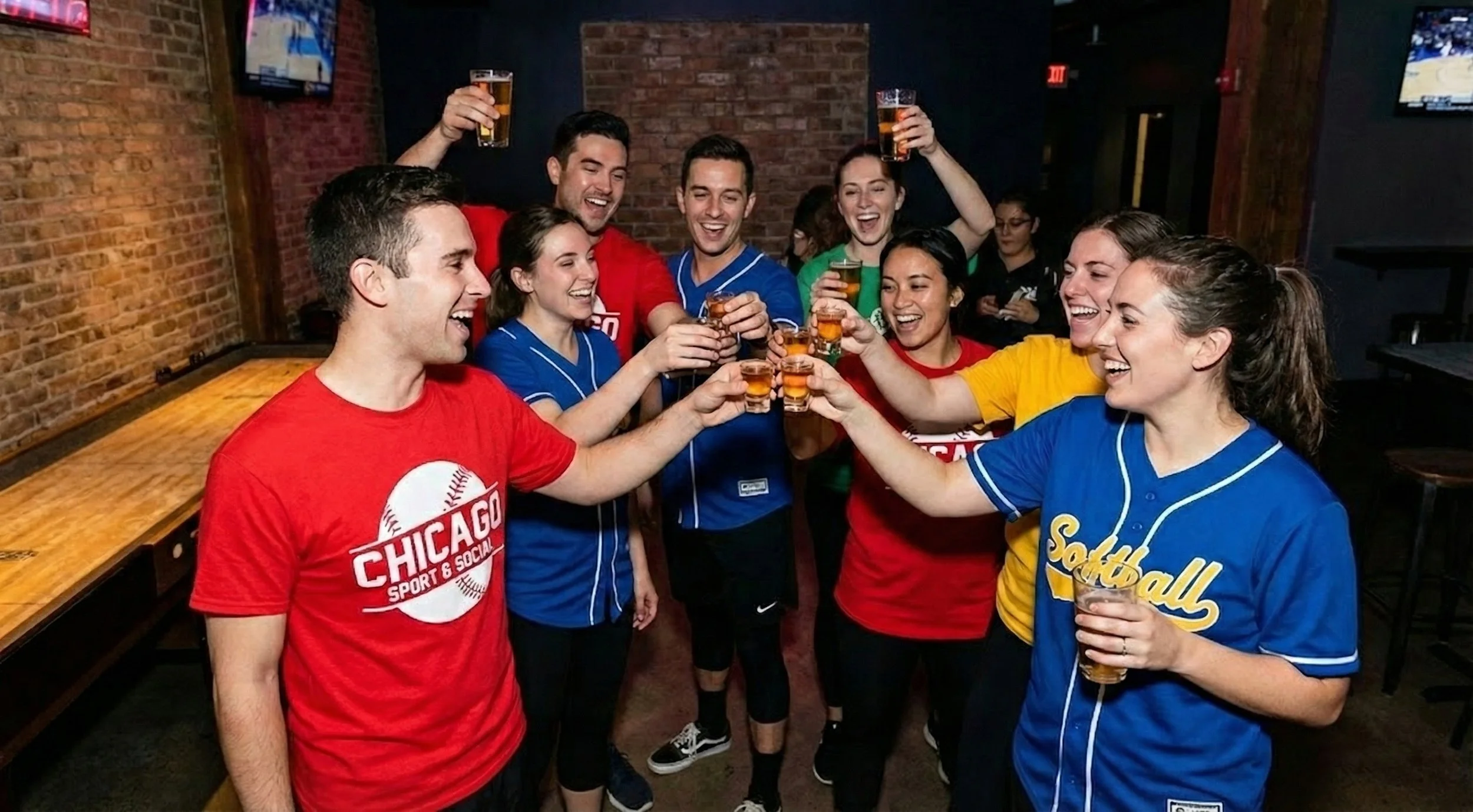 Chicago intramural sports team celebrating with drinks at Bunker bar West Loop