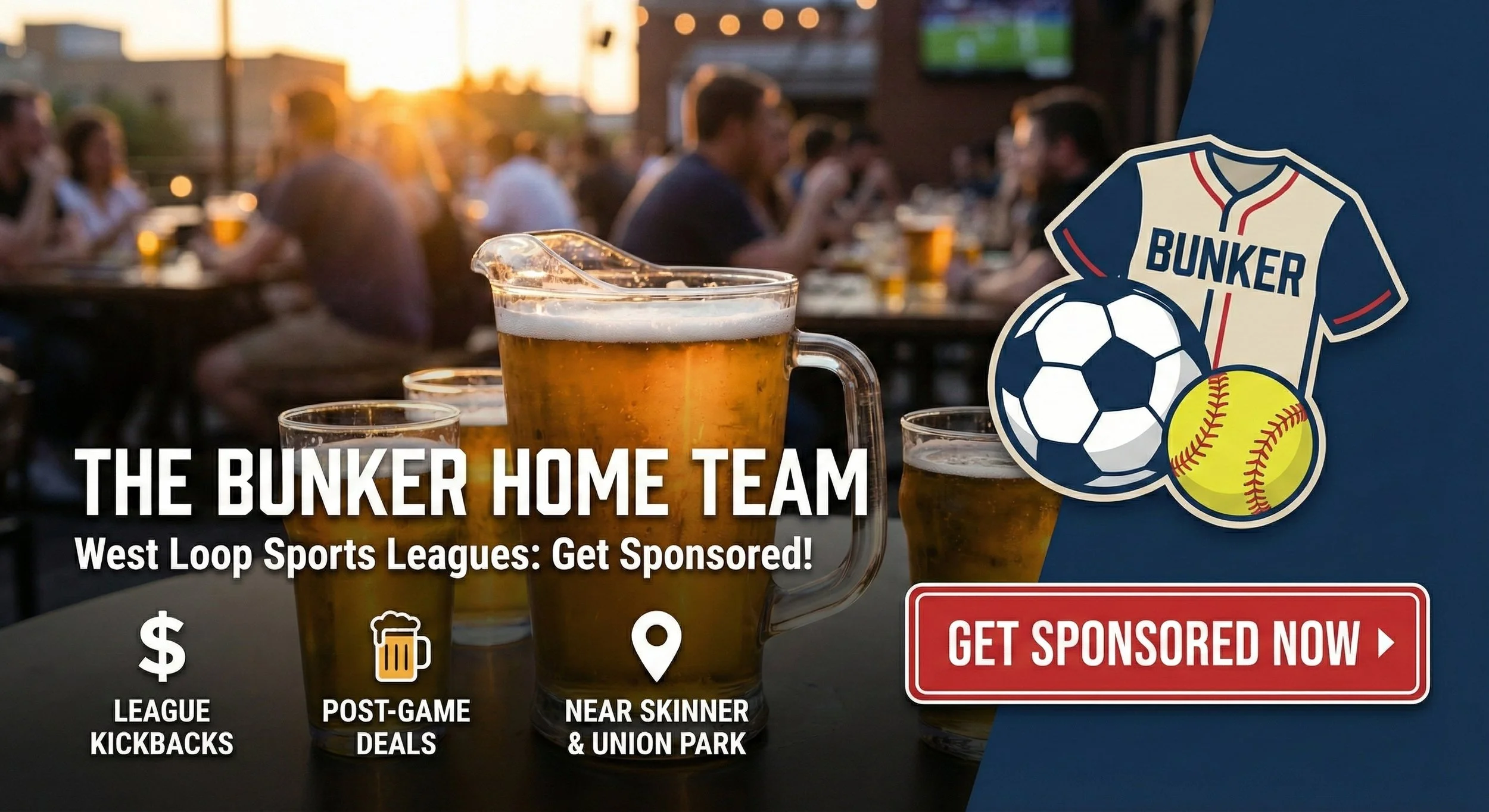 Promotional graphic for Bunker Chicago sports team sponsorships, featuring the bar's location in the West Loop and a "Get Sponsored" call to action for local kickball and softball teams.