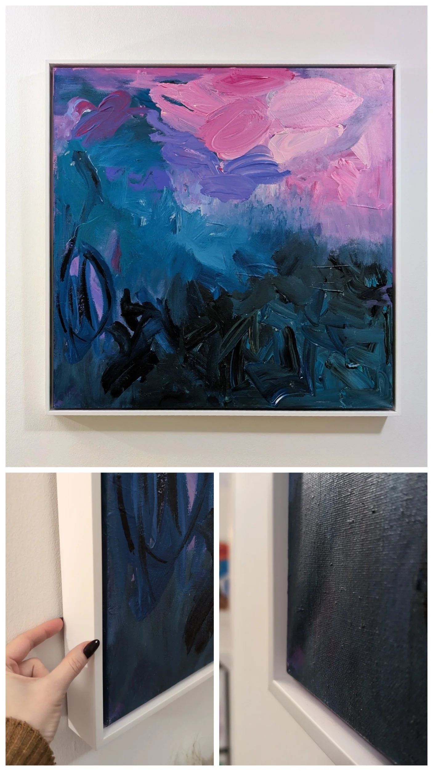Acryl auf Leinwand. Rosa, lila, pink, türkis und schwarz, runde wie gezackte Formen, abstrakte Schlange