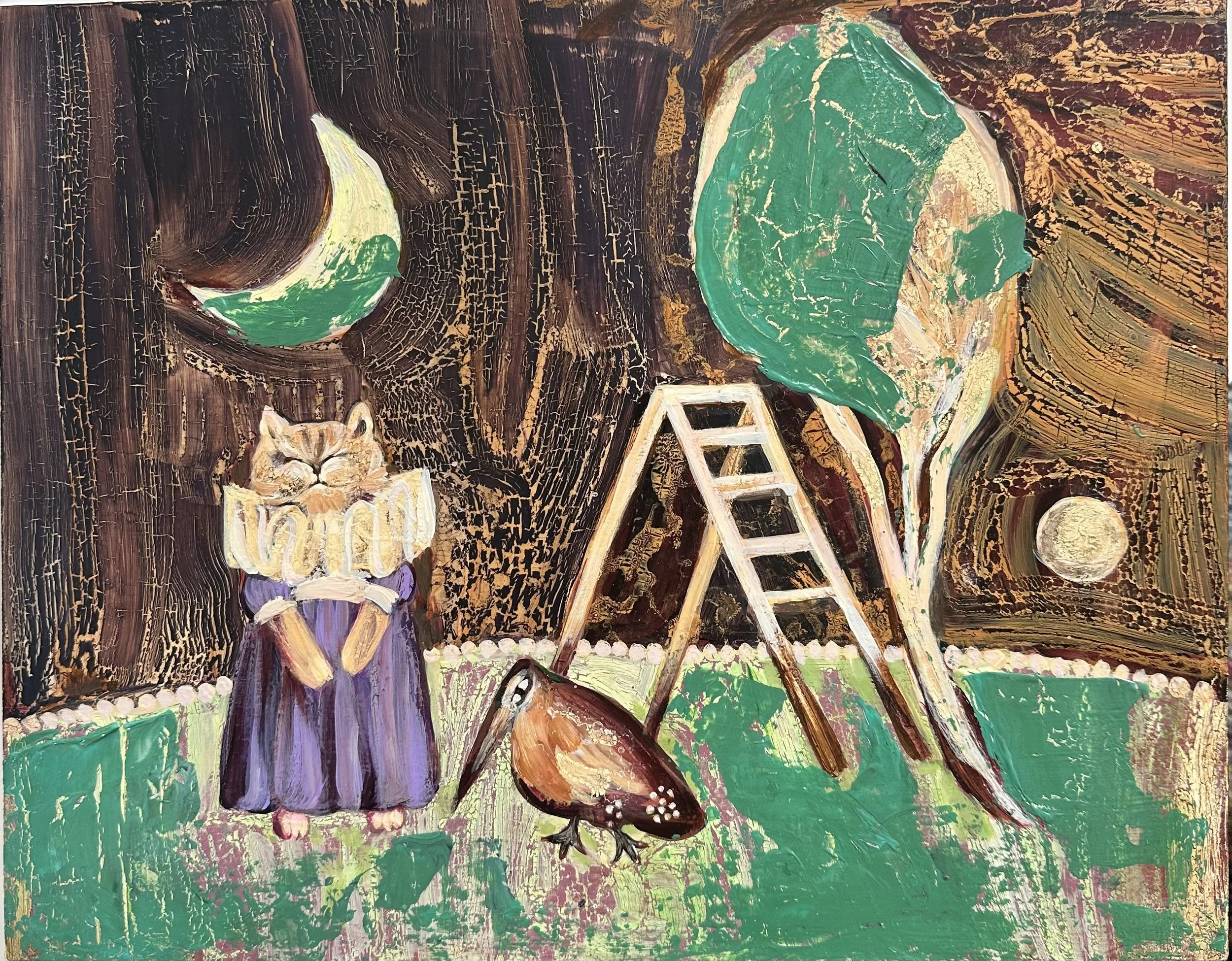 "The moon knows more than we do" Acrylic on wood 11'2x14'2 2025