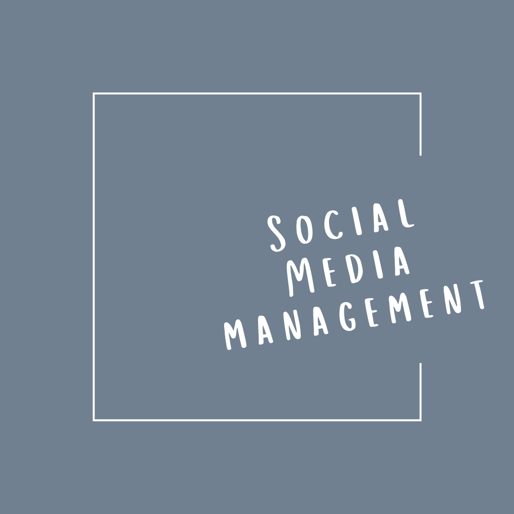 Graphic with the text 'Social Media Management' tilted inside a white-bordered square on a muted blue background.