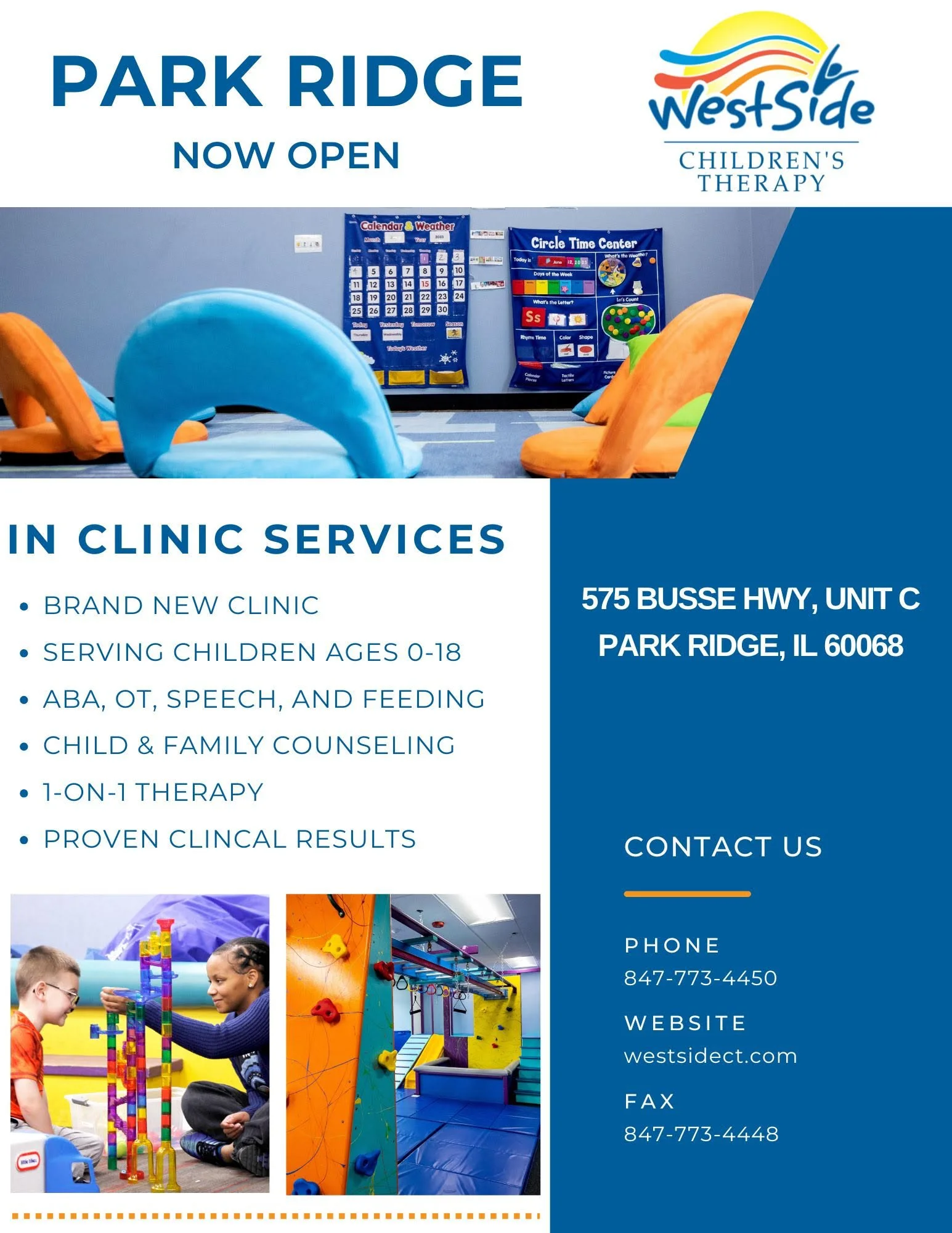 Flyer advertising the grand opening of Park Ridge Children's Therapy in Illinois, showing a therapy room with colorful chairs and children's educational posters, along with photos of play and therapy activities.