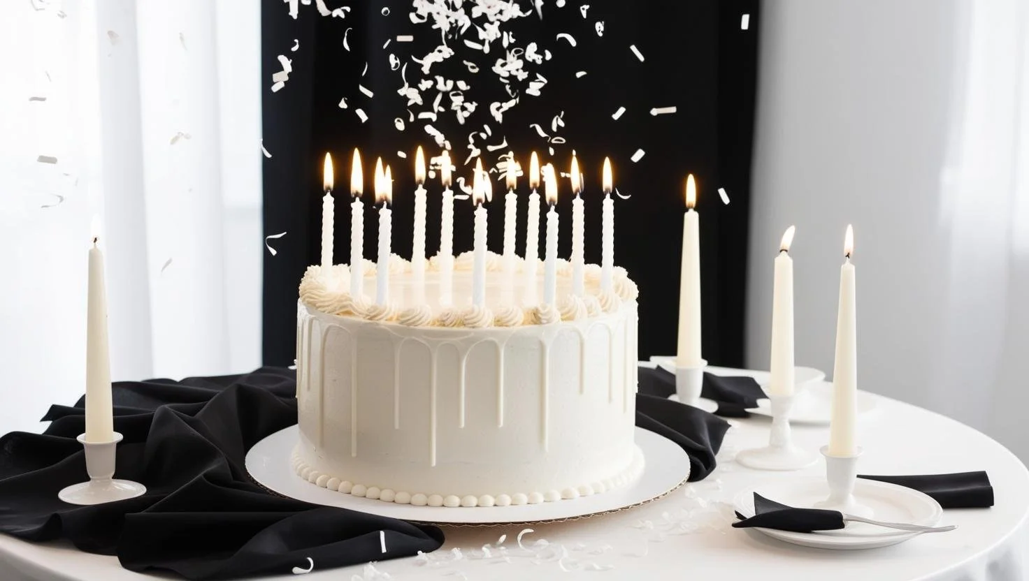White birthday cake with lit candles and falling confetti on a table with white candles and black fabric.