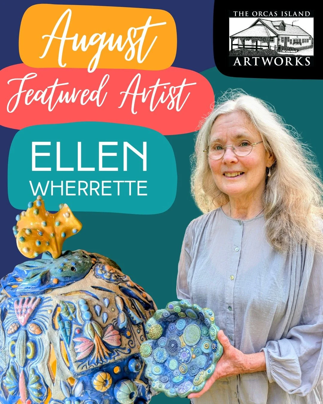 Our August Featured Artist is Ellen Wherrette! Come check out her vibrant paintings and intricate ceramic pieces!

The gallery is open from 10am-5pm daily.