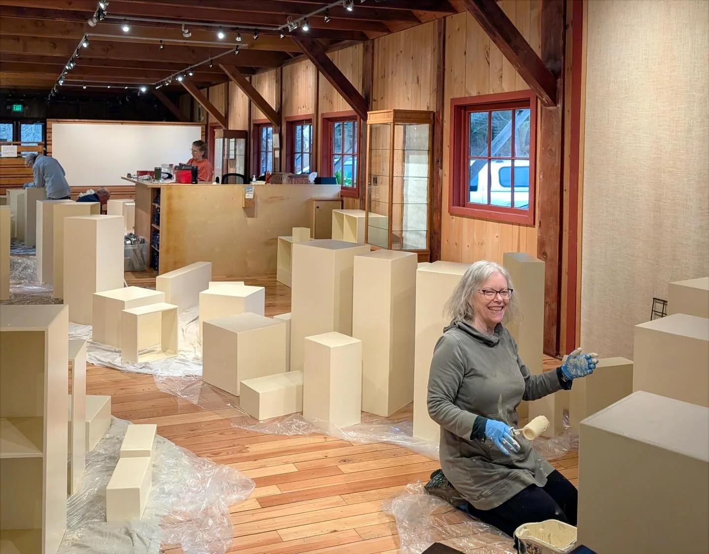 We've completed the freshening up phase of our winter break at the gallery. Good thing that many hands make light work - one of the many benefits of an Artist Cooperative! Walls have been patched, sanded, and painted, and every display cube in the bu