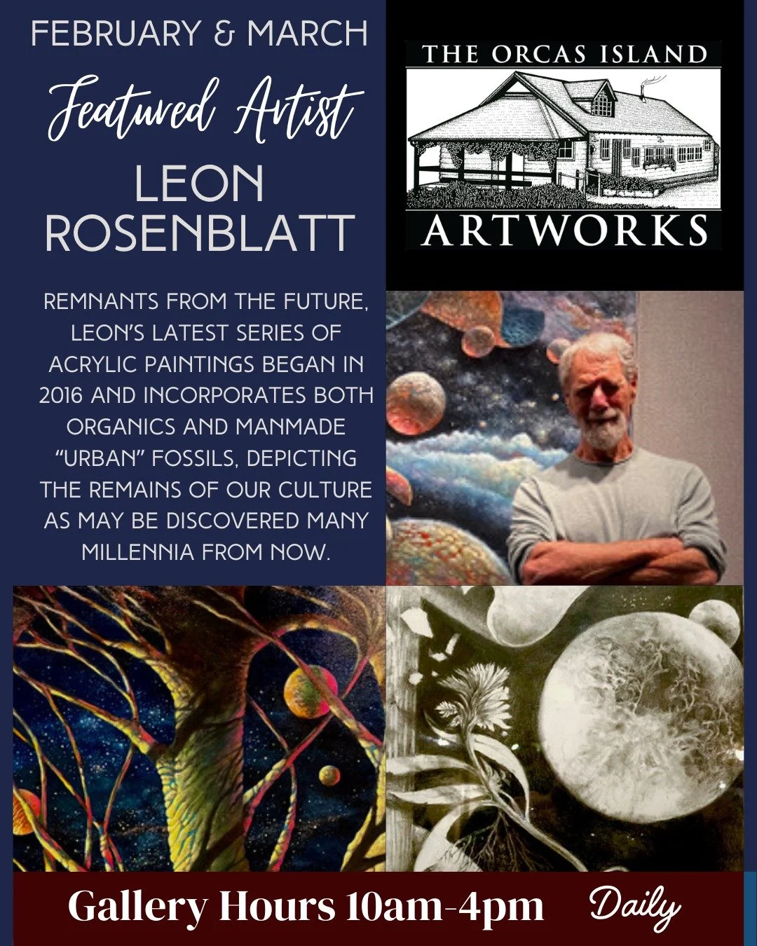 Leon Rosenblatt is not only one of our new artists at Orcas Artworks, but he is also our featured artist for February and March. His current work, REMNANTS from the Future, incorporates both organics and manmade &ldquo;urban&rdquo; fossils, depicting