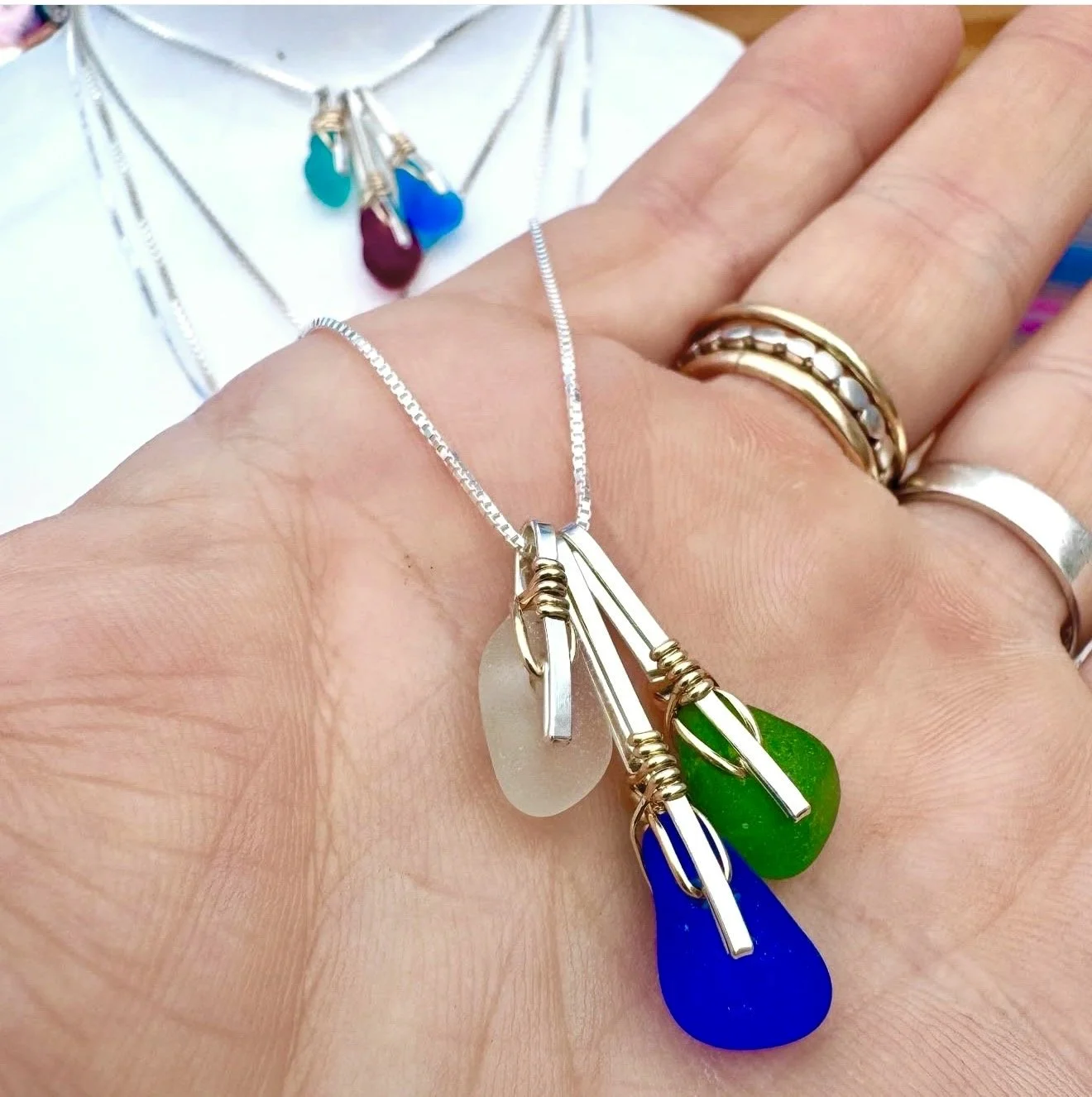 Simple forged trio necklaces - mixed metals using sterling silver and 14k gold fill