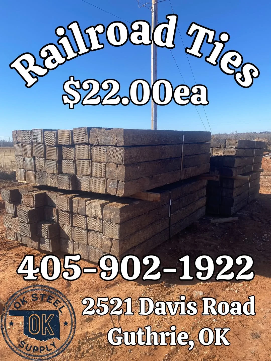 A stacked pile of railroad ties for sale, with a sign advertising $22 each, at OK Steel Supply in Guthrie, Oklahoma, with a contact number and address.