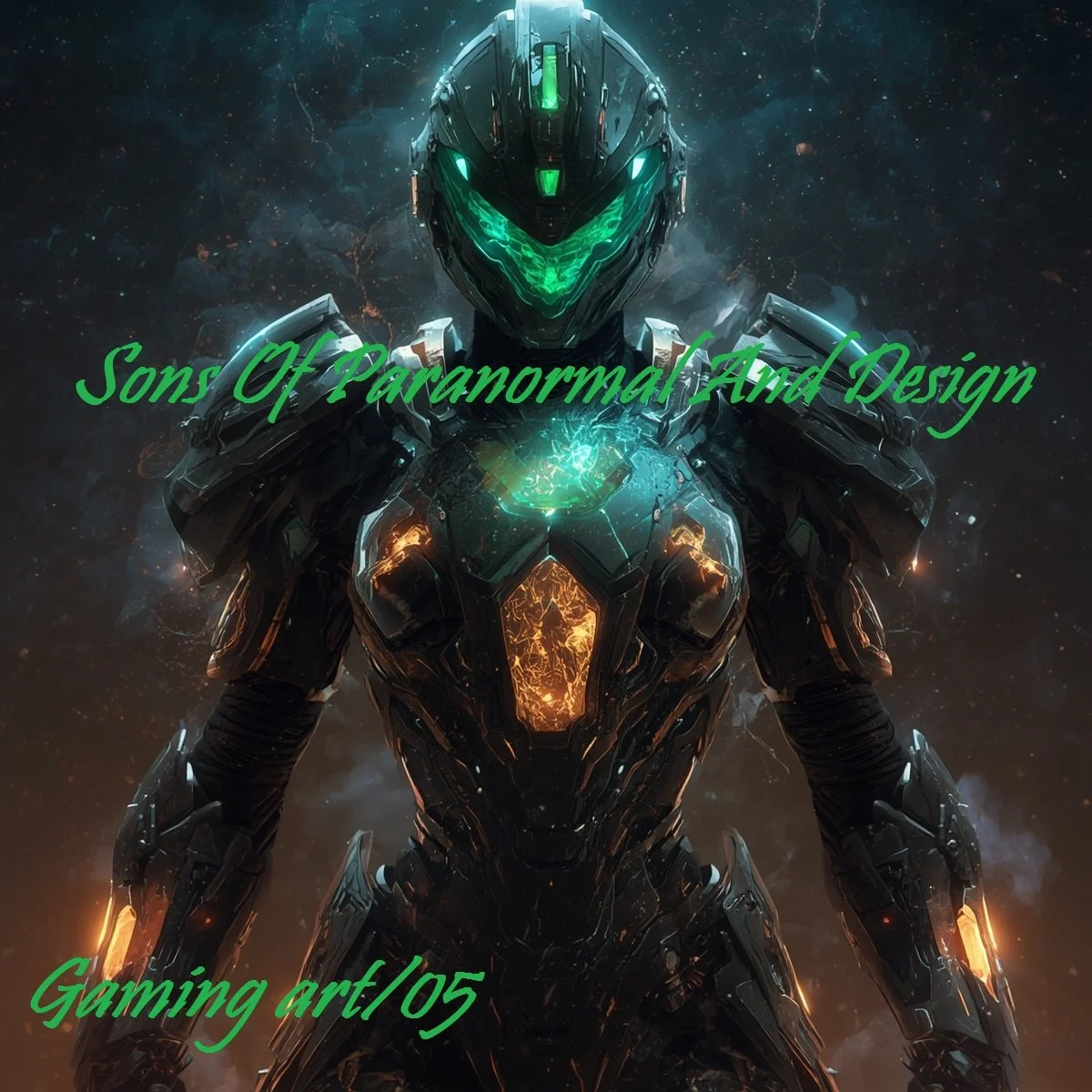 A futuristic armored soldier with a glowing green faceplate, standing against a space background, with green text overlay reading 'Sons Of Paranormal And Design' and 'Gaming art/05'.